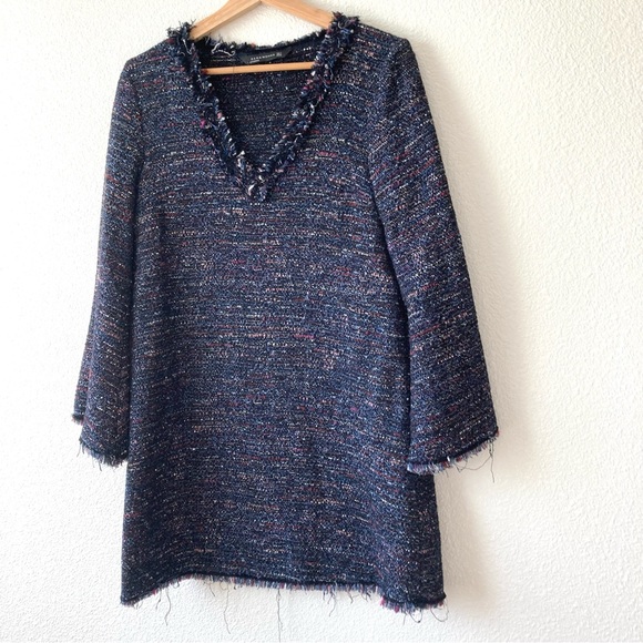 Zara Tweed Fringe Black Tunic Dress Small Bell Sleeves Deep V Neck Stich Colors - Picture 8 of 14